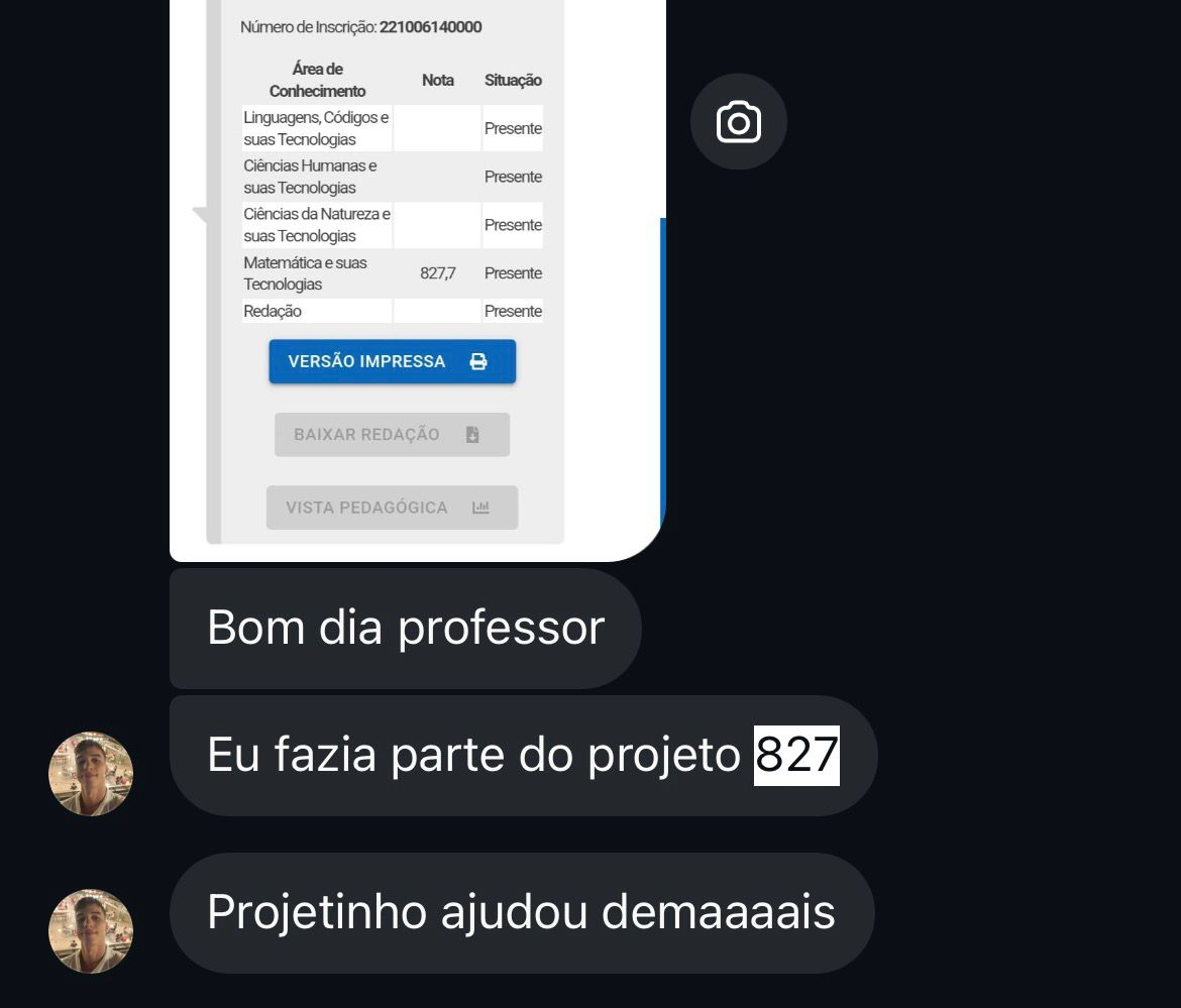 Depoimento de aluno que fez parte do projeto 827 e melhorou a nota